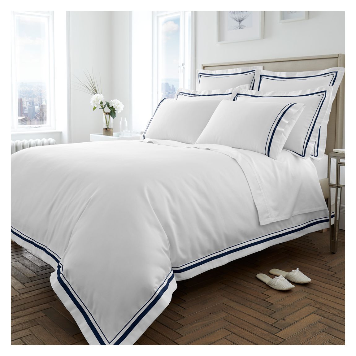 Ensemble De Housses De Couette 1000Tc King, Blanc/Marine main product photo
