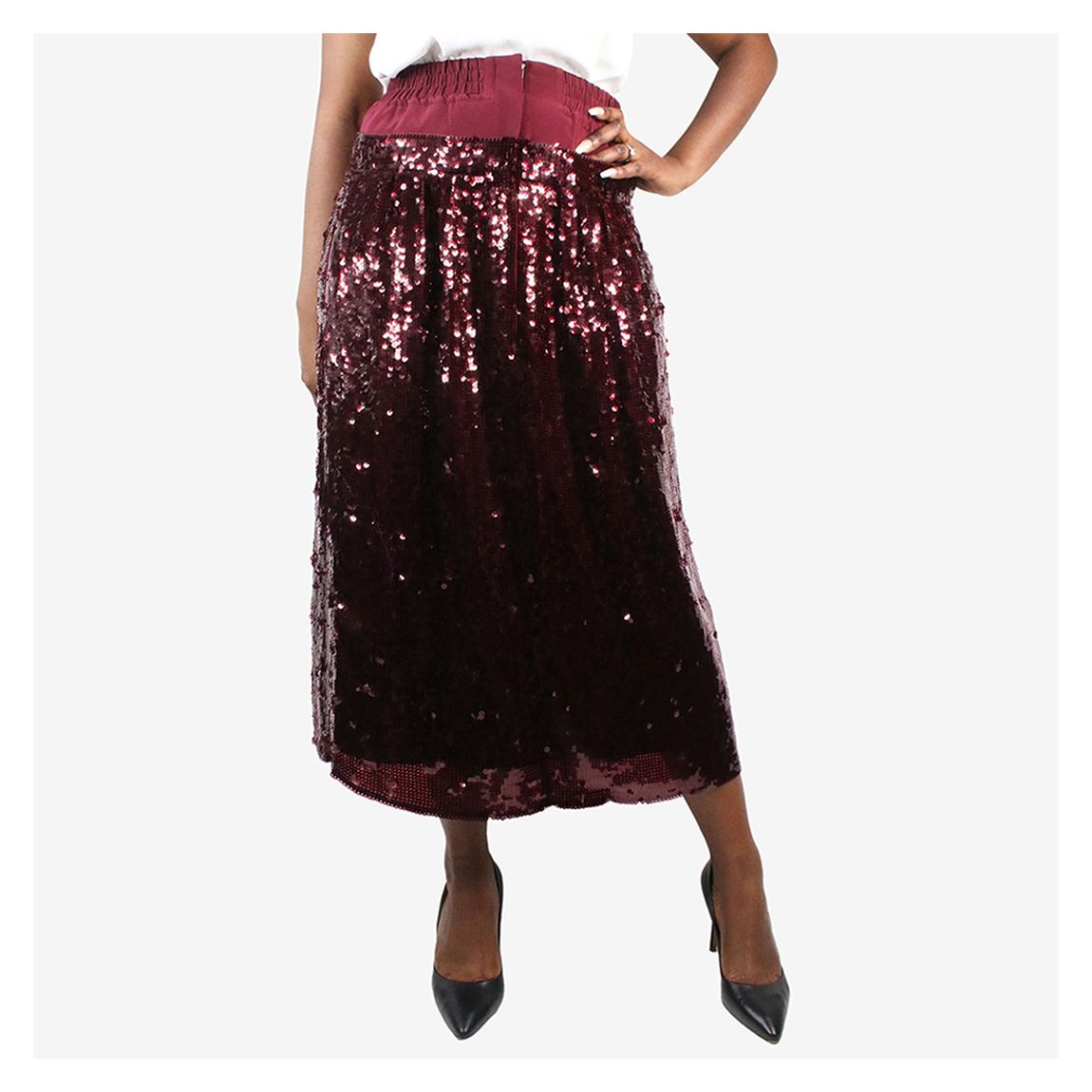 Jupe Midi En Soie Bordeaux Ornée De Paillettes Uk 14 main product photo