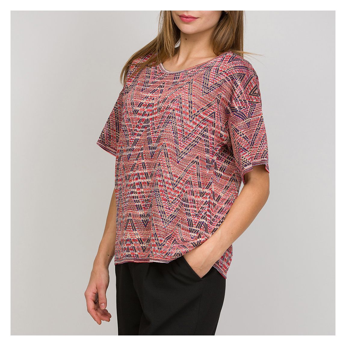T-Shirt En Laine Mélangée À Motifs Rose/Marine main product photo