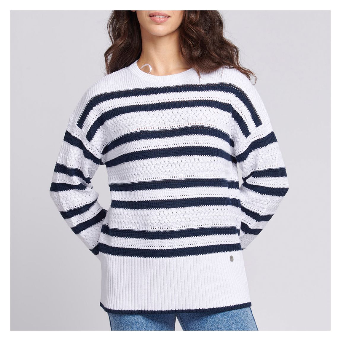 Pull En Coton Mélangé Pointelle À Rayures Marines main product photo