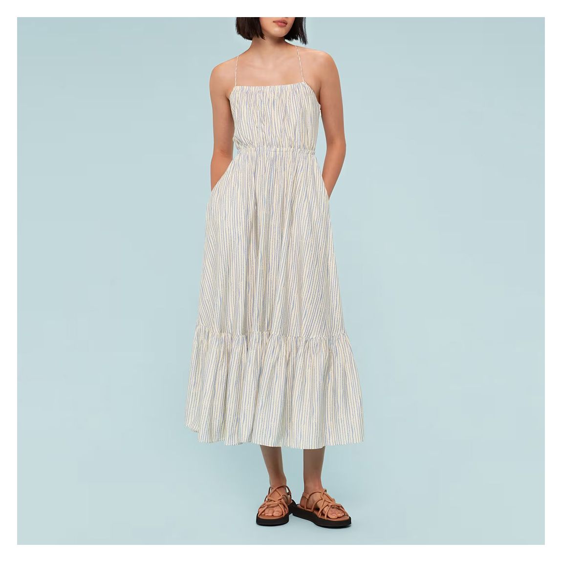 Robe En Soie Mélangée À Rayures Bleues main product photo
