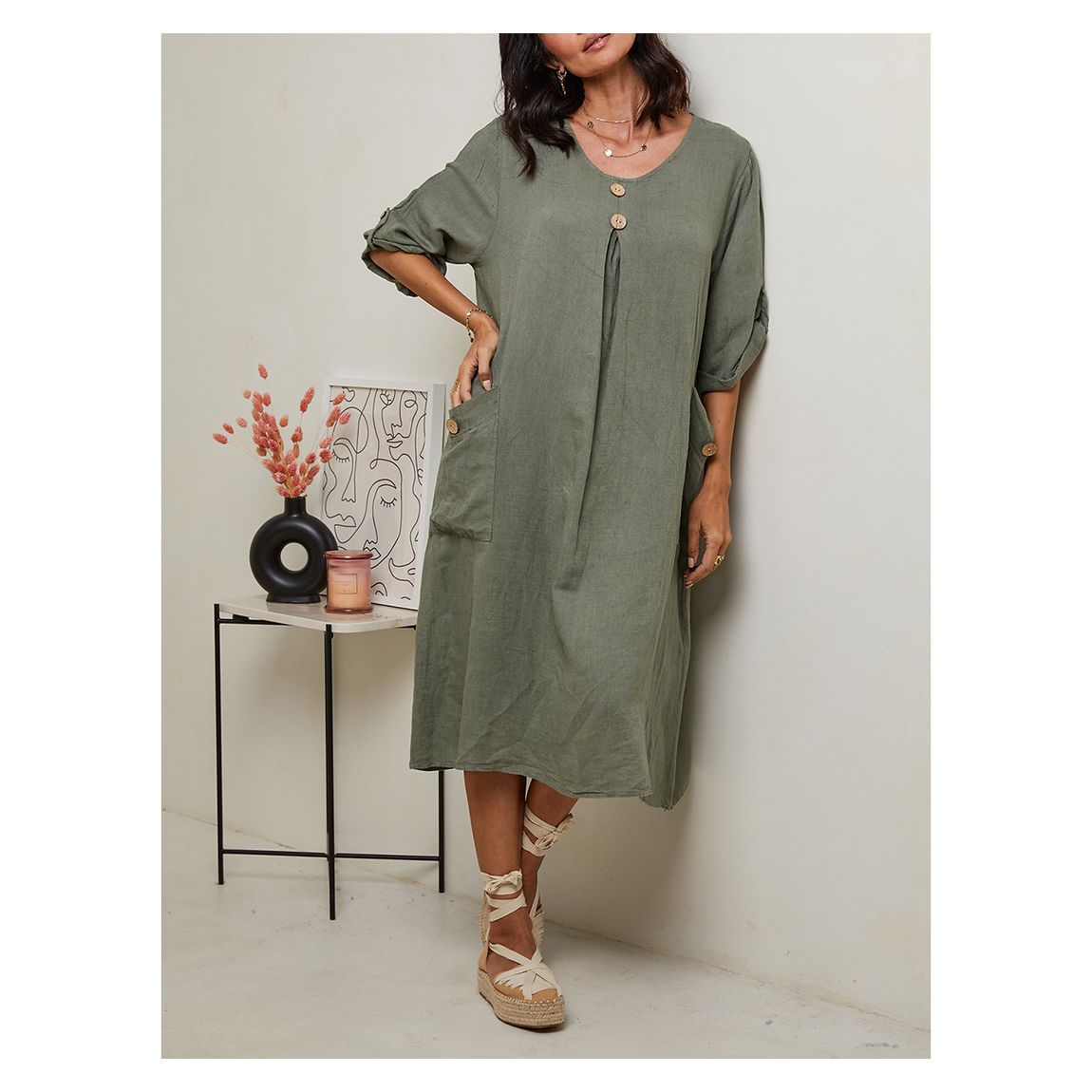 Robe Midi En Lin Kaki main product photo