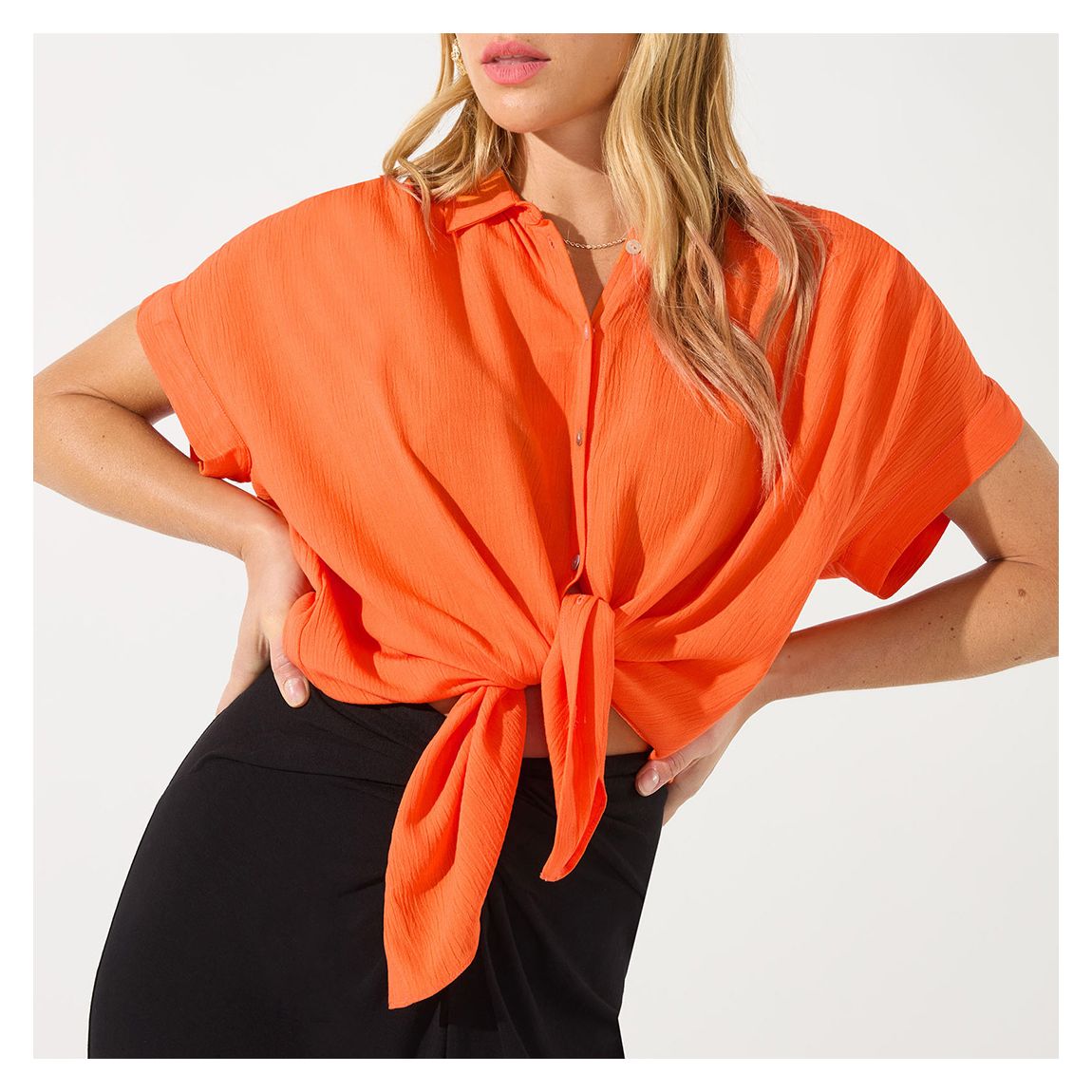 Blouse À Boutons Froissés, Orange main product photo