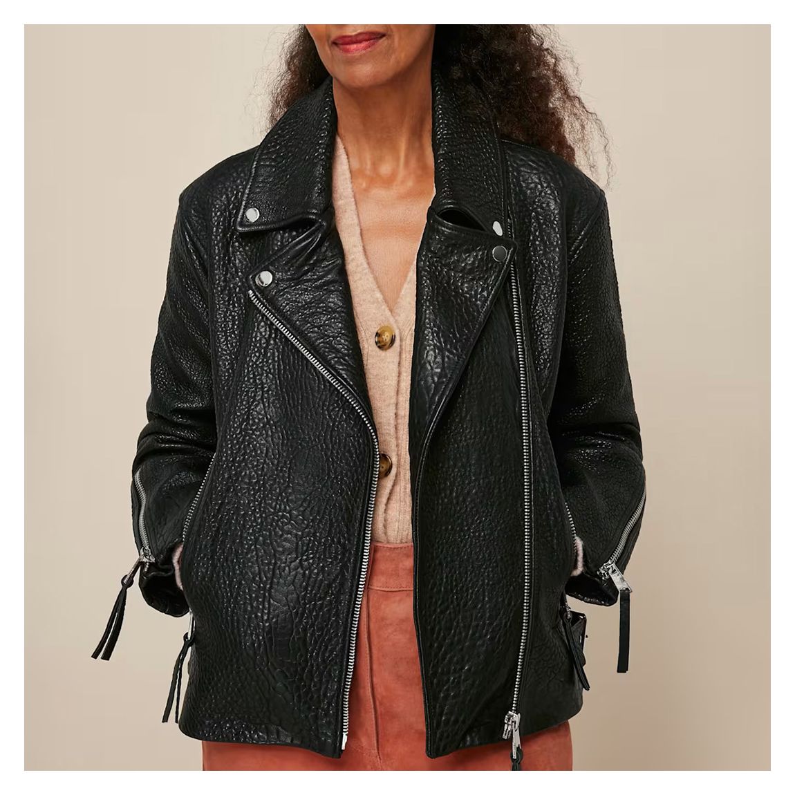 Veste De Motard En Cuir Texturé Lily Noir main product photo