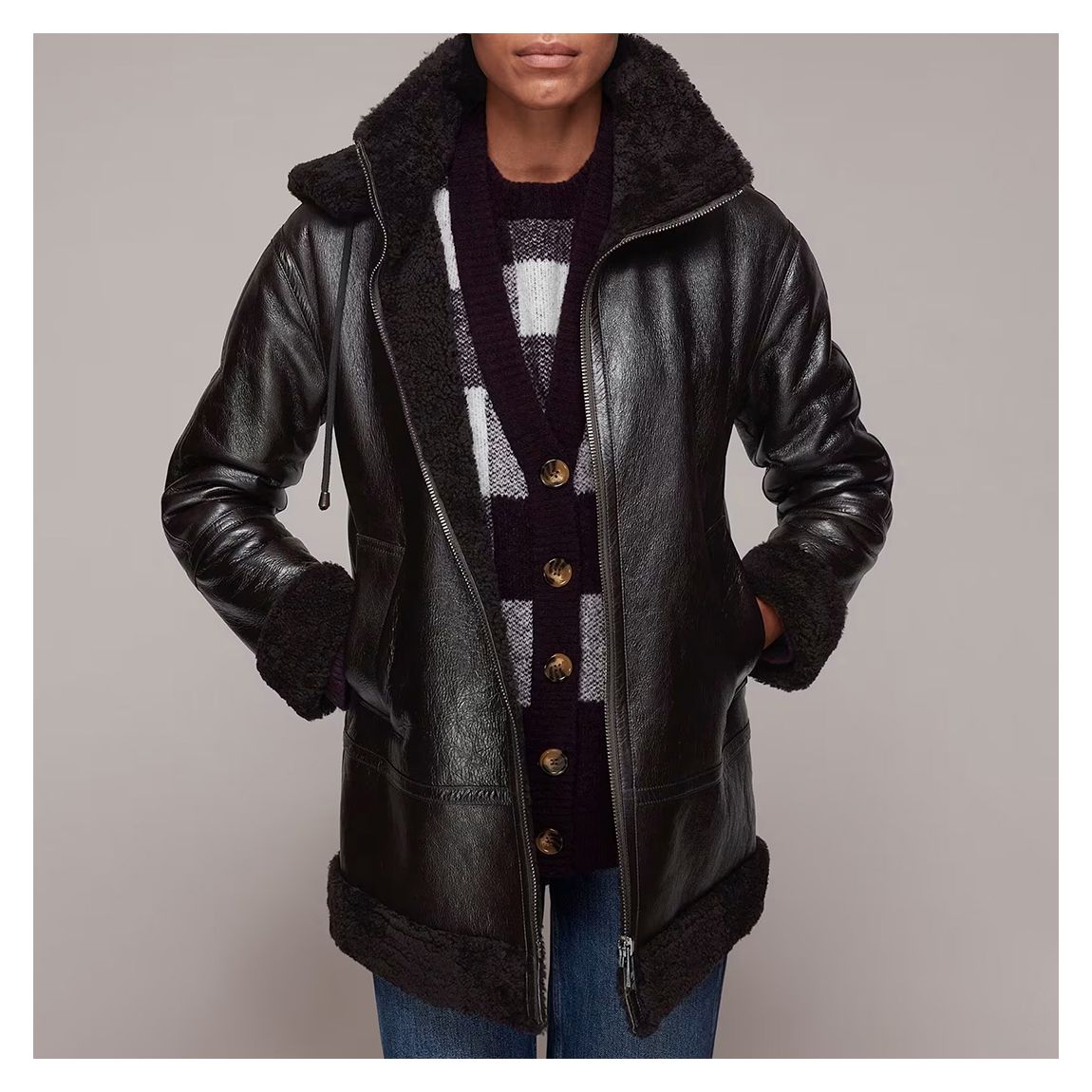 Veste De Motard En Cuir À Capuche En Shearling Marron main product photo