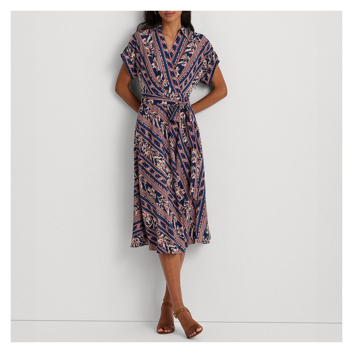 Navy Geo Print Belted Crepe Dress main product photo