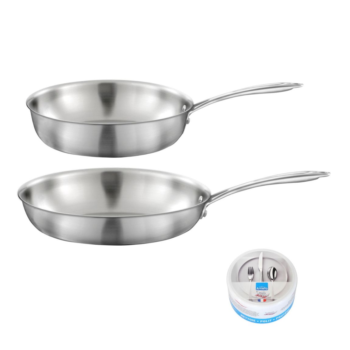 Gourmet - Lot de 1 poêle inox 28 cm, 1 sauteuse inox 24 cm, 1 pierre d'argent® citron 300 g pour l'entretien de l'inox main product photo