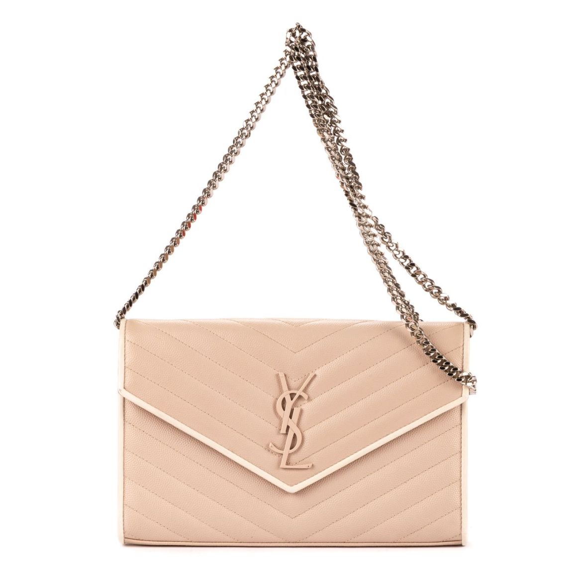 Yves Saint Laurent Cassandre Enveloppe Chain Wallet en Taupe/Blanc main product photo