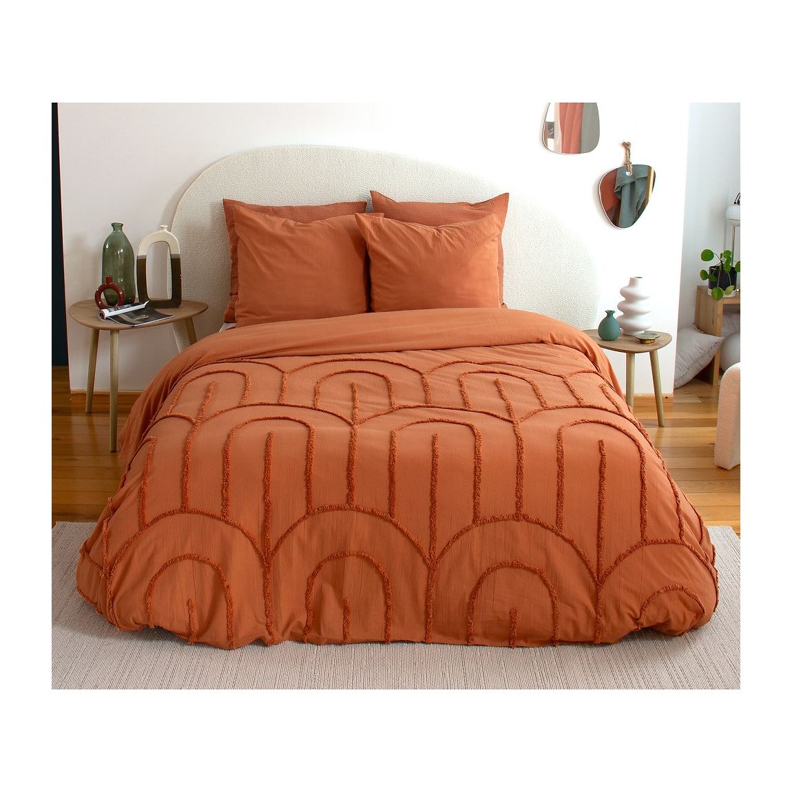 Parure De Couette 3pcs 240x220cm finitions Tuftées en Coton Lave 52fils/cm2 - FAR Terracotta main product photo