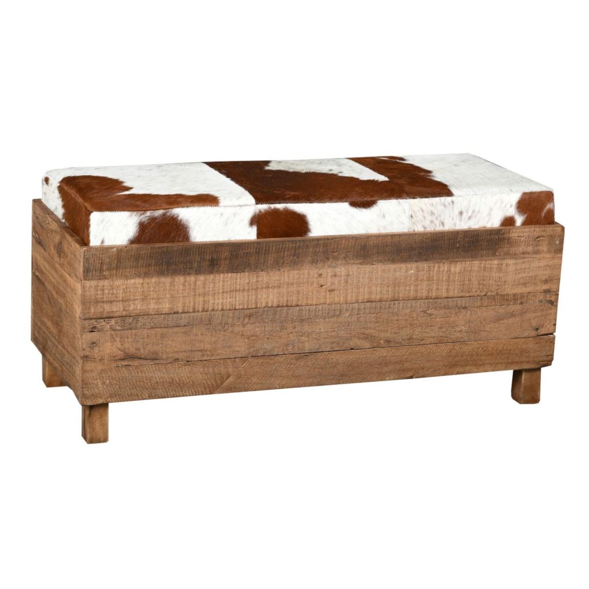 Coffre banquette en bois recyclé et peau de vache main product photo