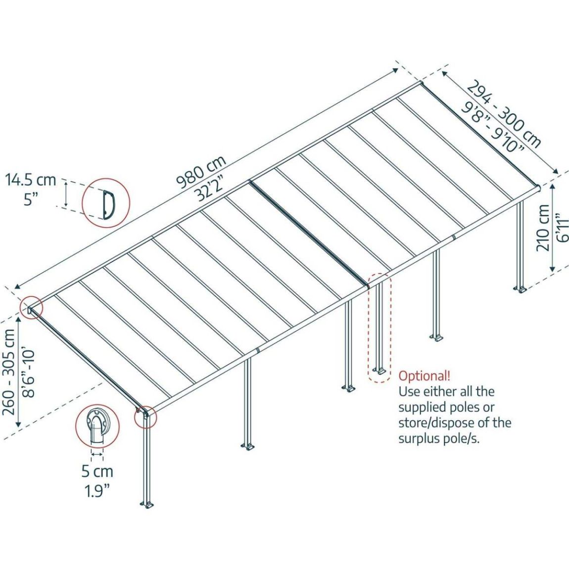 Pergola à adosser en aluminium blanc et polycarbonate Olympia 3 x 9.8 m main product photo