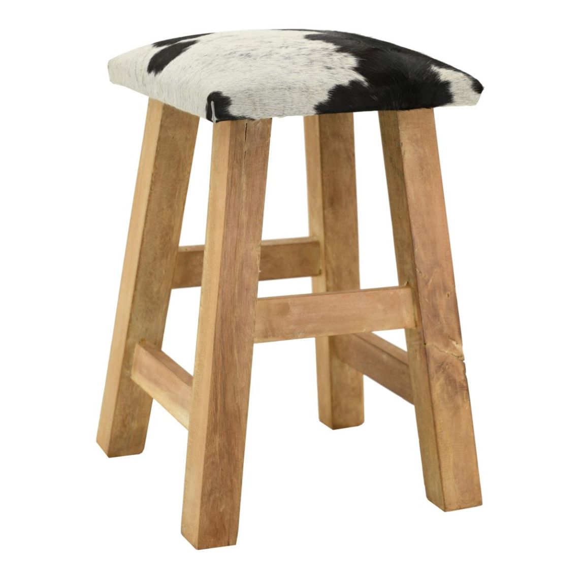 Tabouret carré en bois recyclé et peau de vache main product photo