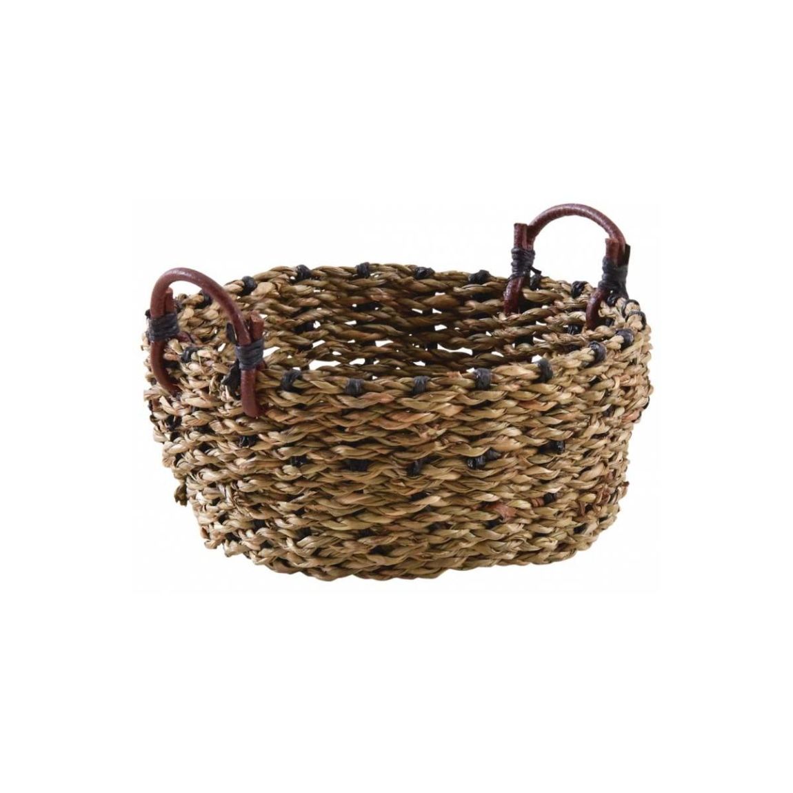 Corbeille ronde en jonc avec anses en cuir 14 cm main product photo