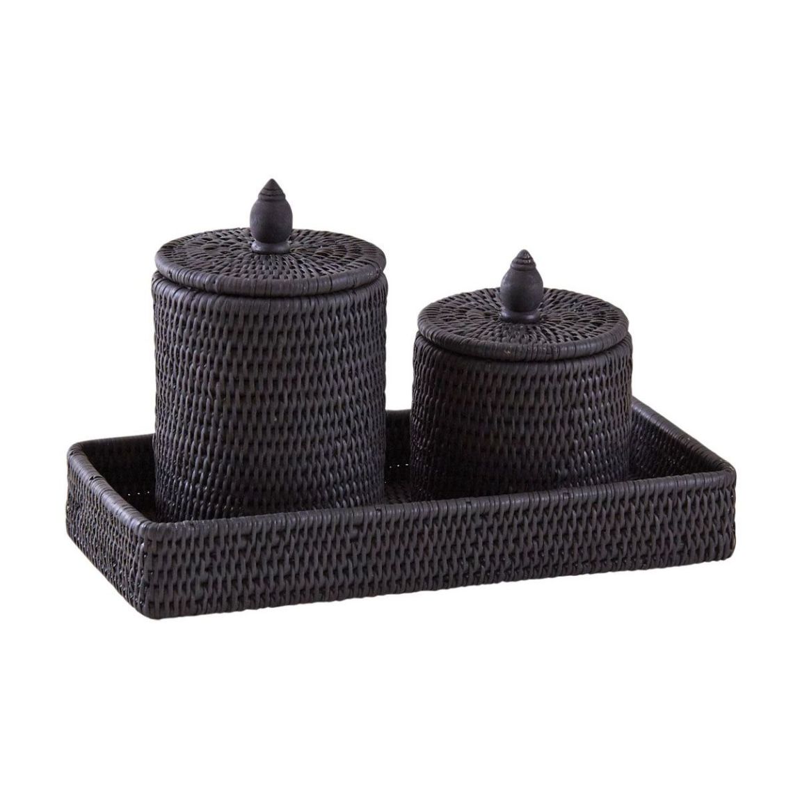 Ensemble boites et plateau en rotin laqué noir main product photo