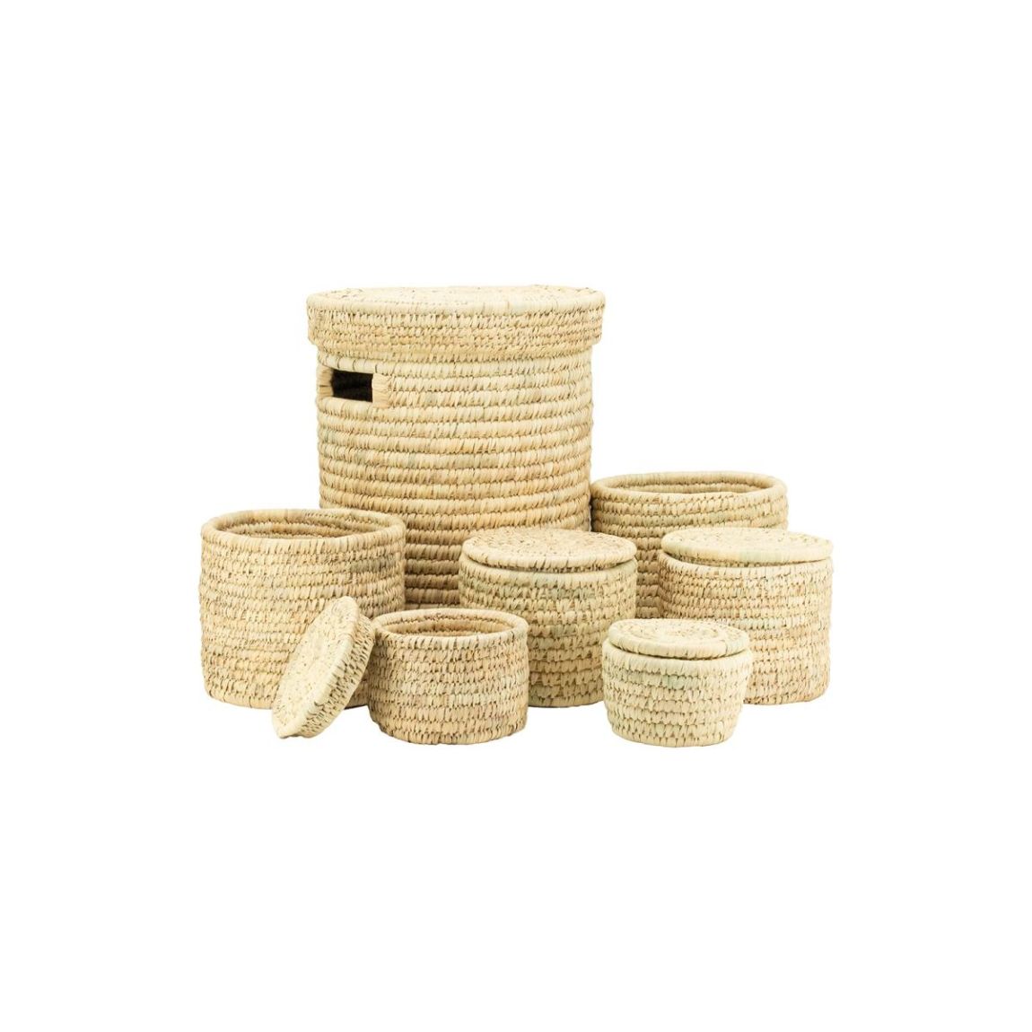 Ensemble panier à linge en jonc naturel avec couvercle et corbeilles assorties main product photo