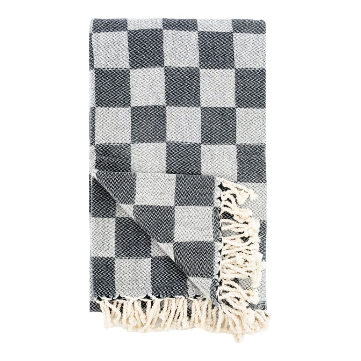 Plaid en coton damier gris avec franges main product photo