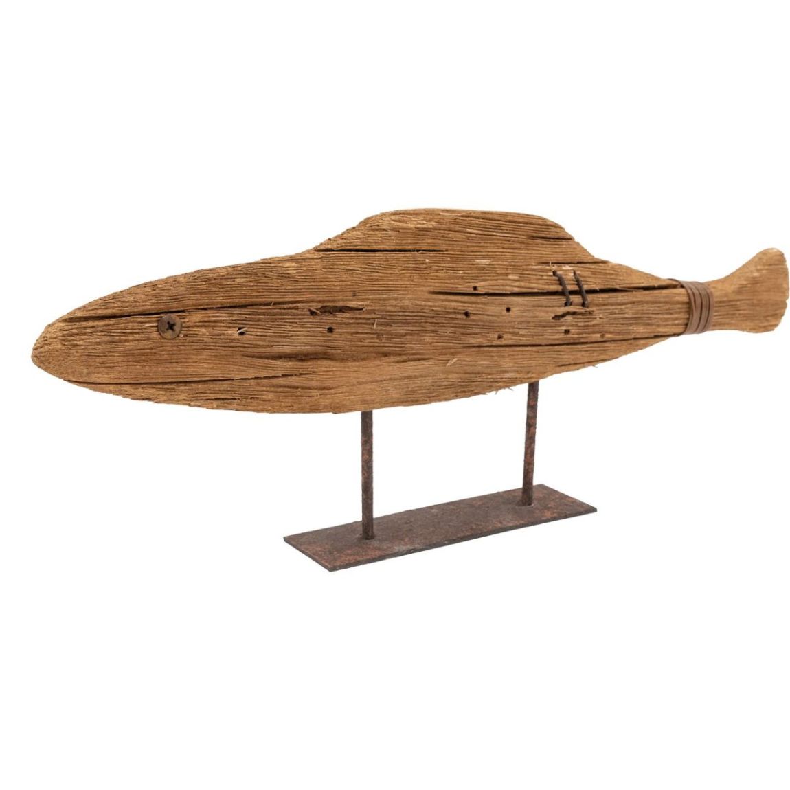 Poisson sur pied en bois recyclé et métal Petit modèle main product photo